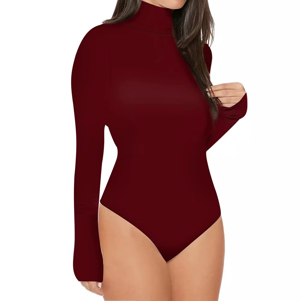 Women's Sexy Solid Knitted Turtle Neck Long Sleeve Bodycon Bodysuit - Warm & Sheer Style