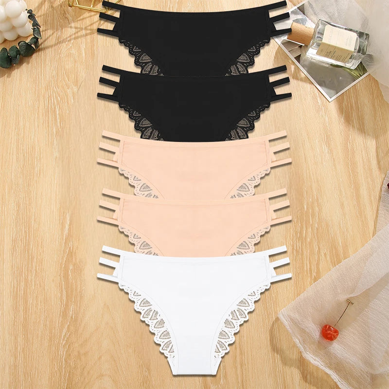 5Pcs Sexy Transparent Lace Underwear - Seamless Low-Waisted Straps Briefs for Women