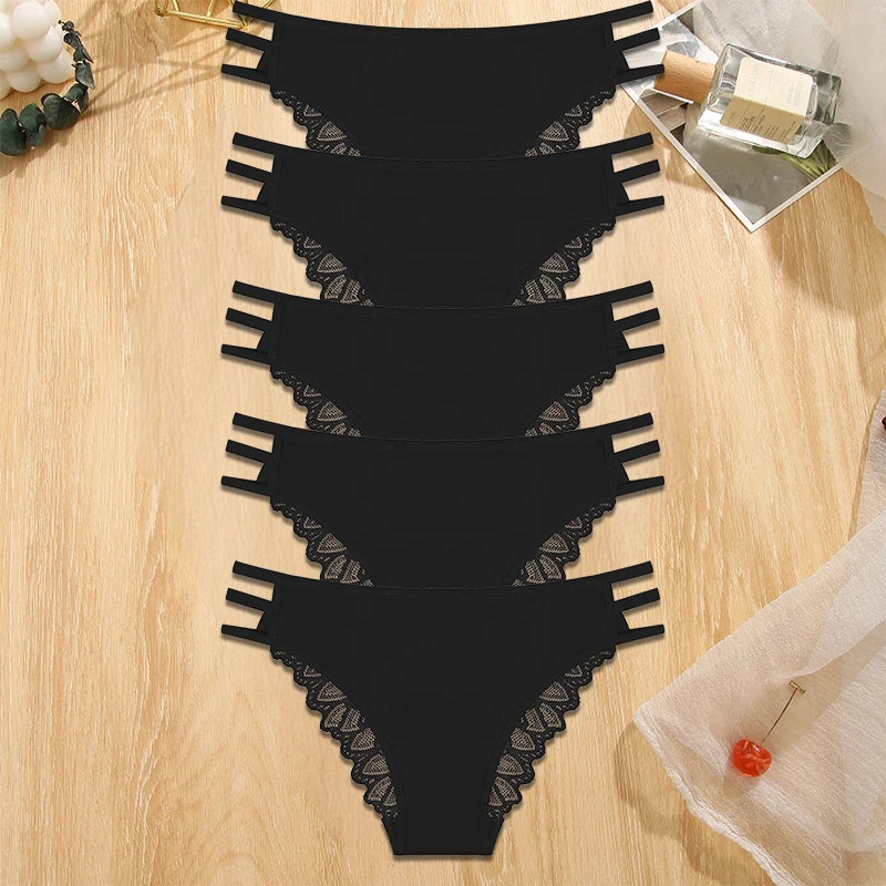 5Pcs Sexy Transparent Lace Underwear - Seamless Low-Waisted Straps Briefs for Women