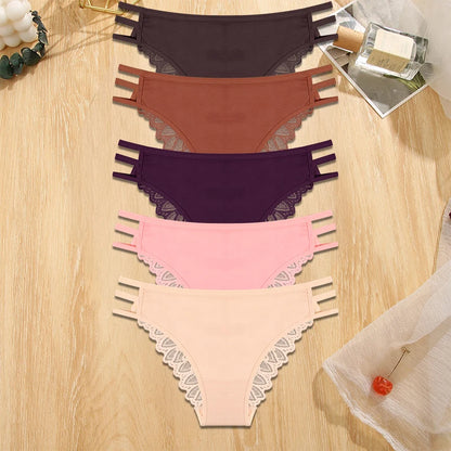 5Pcs Sexy Transparent Lace Underwear - Seamless Low-Waisted Straps Briefs for Women